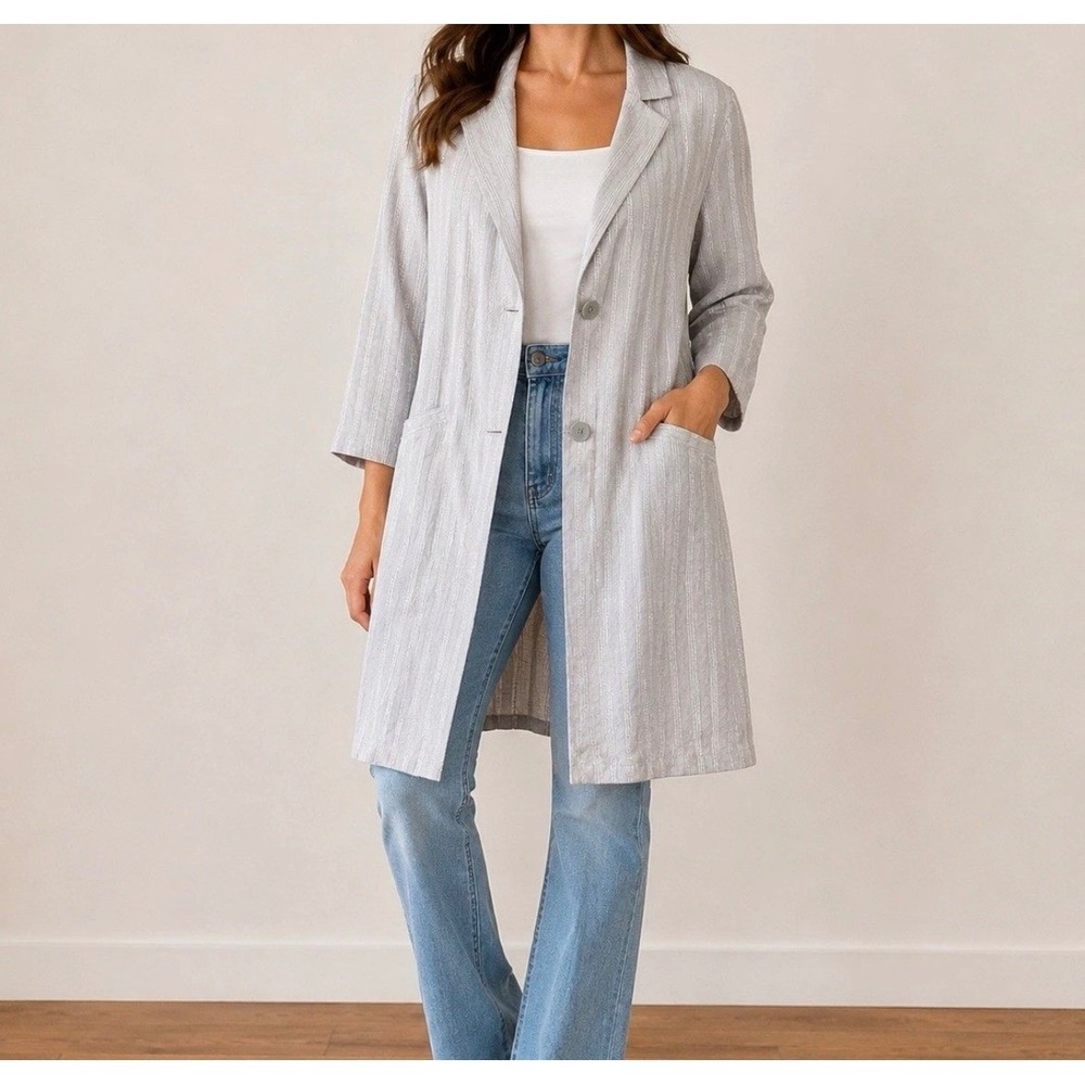 J. Jill Striped Longline Linen Blazer Duster Women Gray size XL 100% Linen Lined